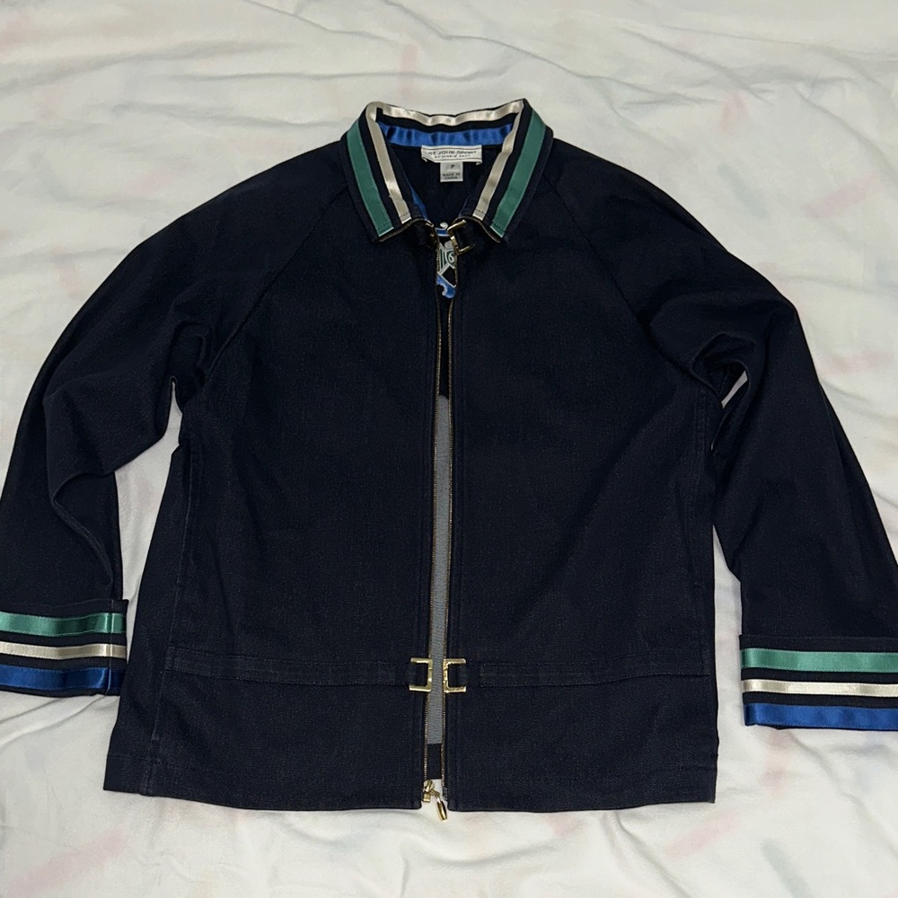 Navy Blue Jacket with Green and Blue Accents